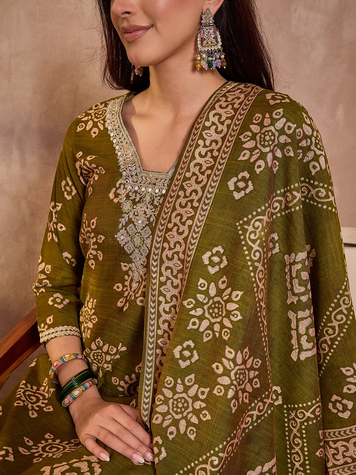 Green Floral Printed Kurta With Trousers And Dupatta
