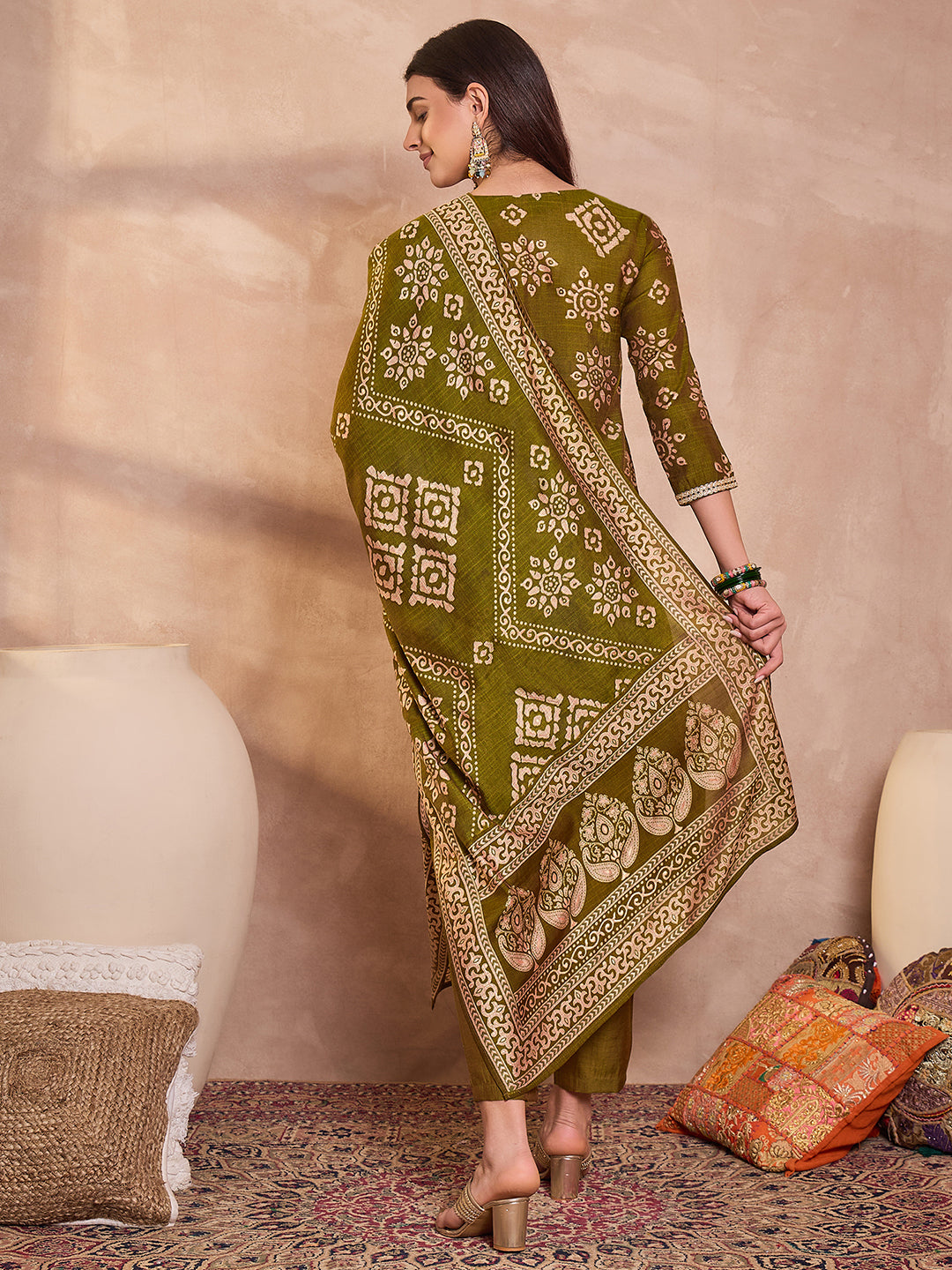 Green Floral Printed Kurta With Trousers And Dupatta