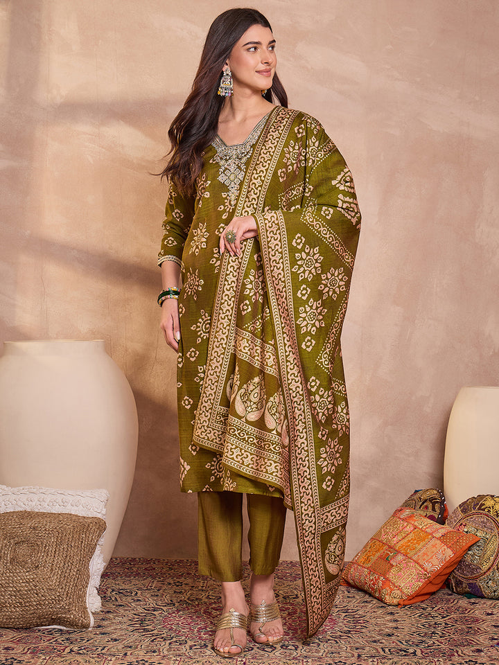 Green Floral Printed Kurta With Trousers And Dupatta