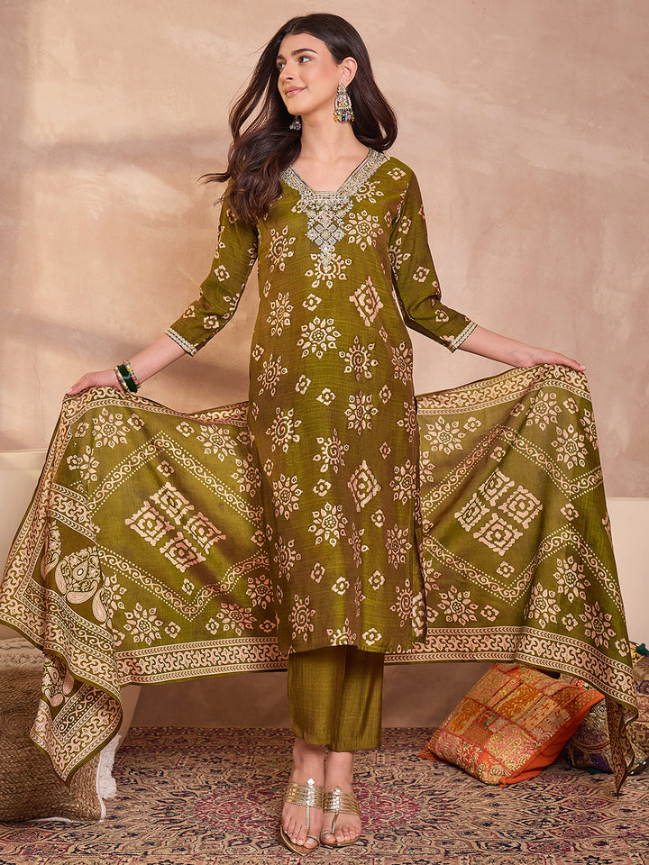 Green Floral Printed Kurta With Trousers And Dupatta