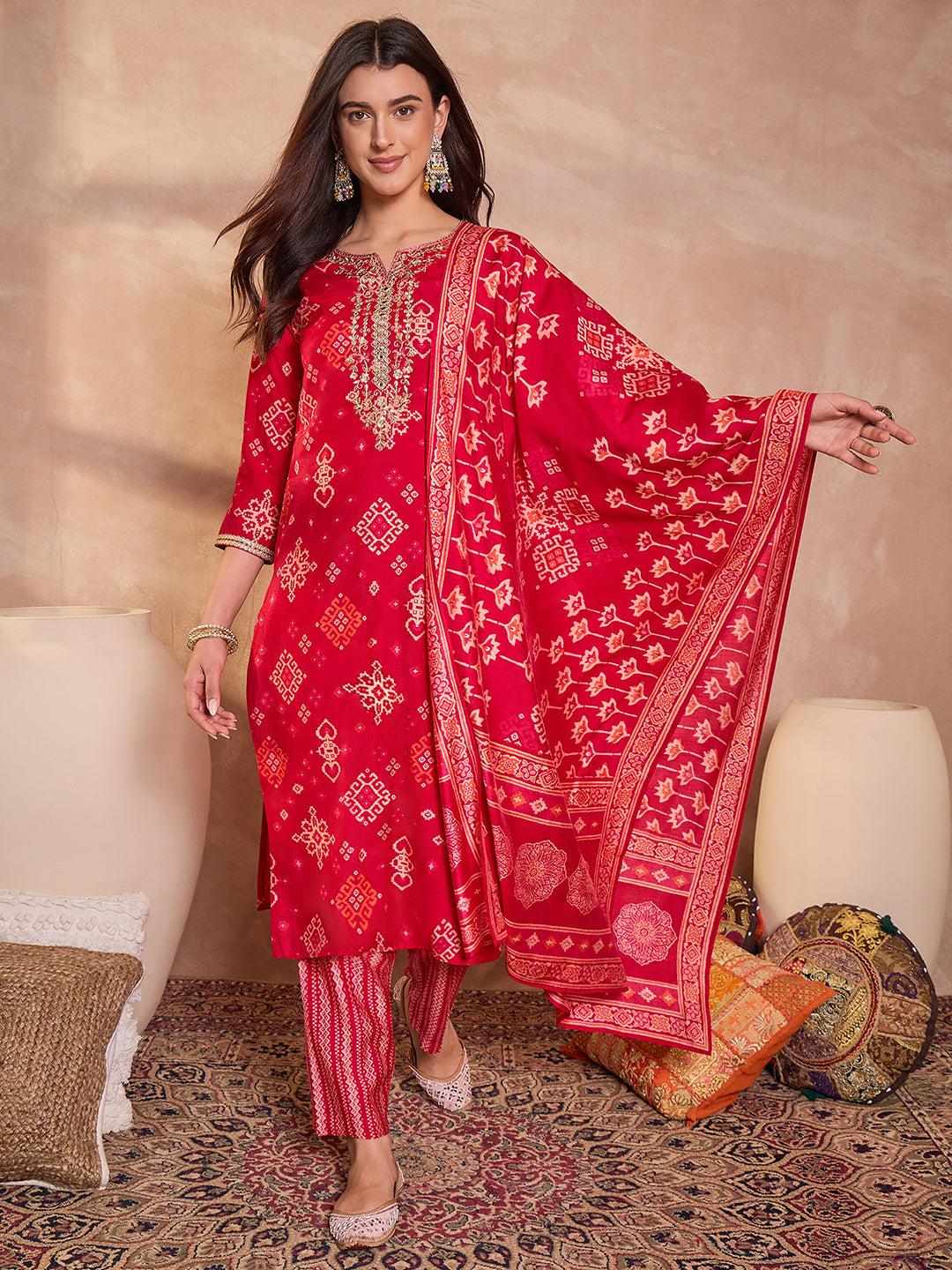 Pink Silk Blend Printed Ethnic Motifs Straight Kurta Set