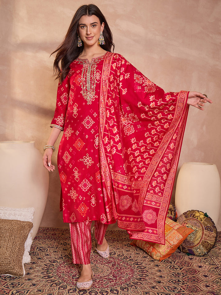 Pink Silk Blend Printed Ethnic Motifs Straight Kurta Set