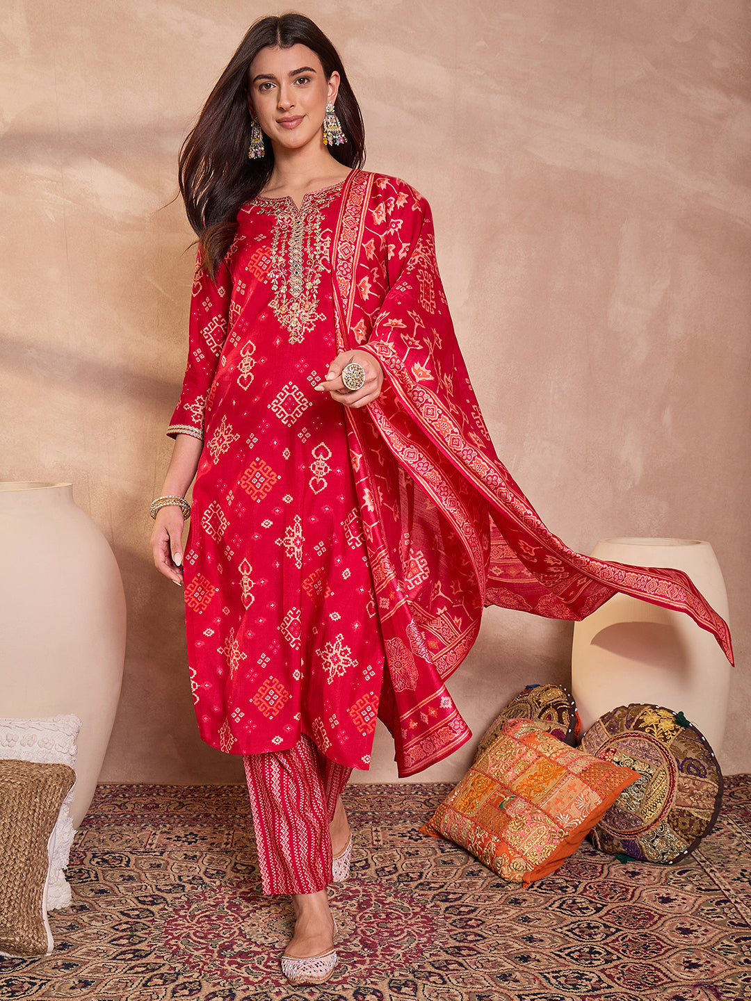 Pink Silk Blend Printed Ethnic Motifs Straight Kurta Set
