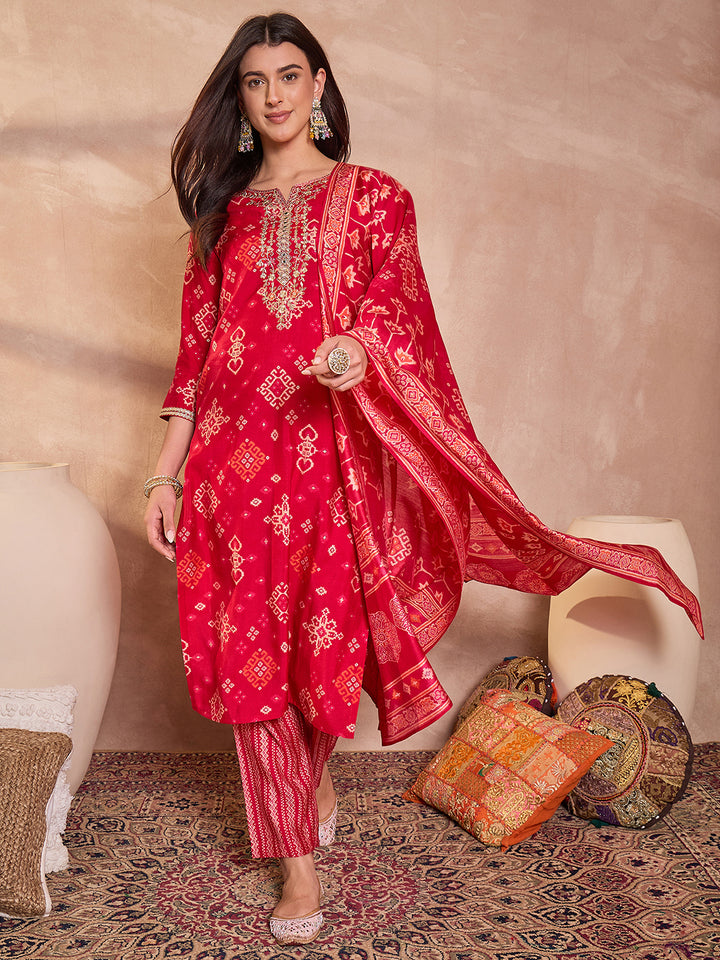 Pink Silk Blend Printed Ethnic Motifs Straight Kurta Set