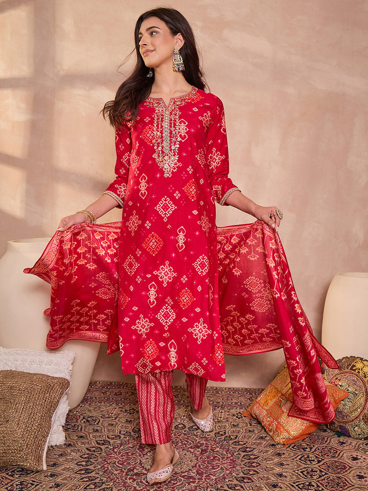 Pink Silk Blend Printed Ethnic Motifs Straight Kurta Set