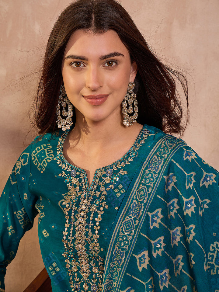 Silk Blend Ethnic Motifs Printed Blue Kurta And Trousers With Dupatta