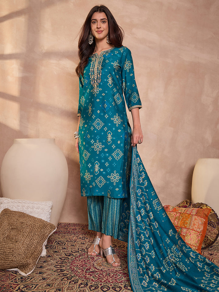 Silk Blend Ethnic Motifs Printed Blue Kurta And Trousers With Dupatta