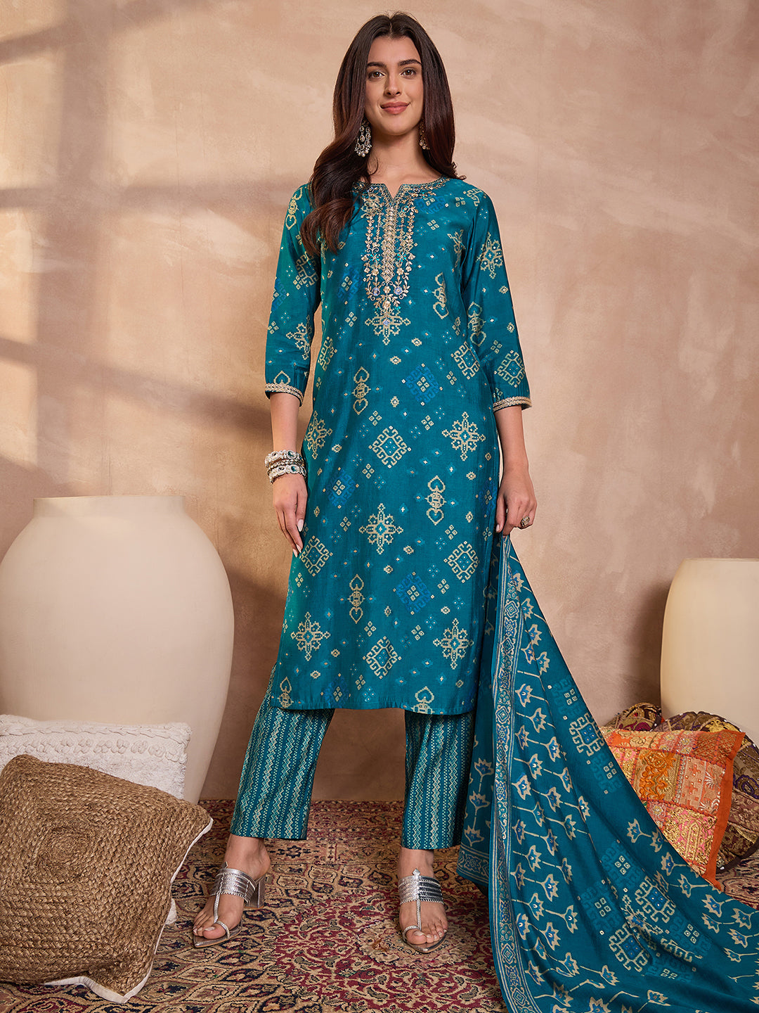 Silk Blend Ethnic Motifs Printed Blue Kurta And Trousers With Dupatta