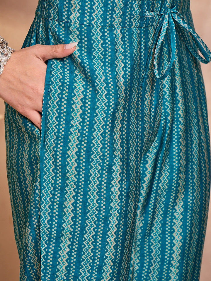 Silk Blend Ethnic Motifs Printed Blue Kurta And Trousers With Dupatta