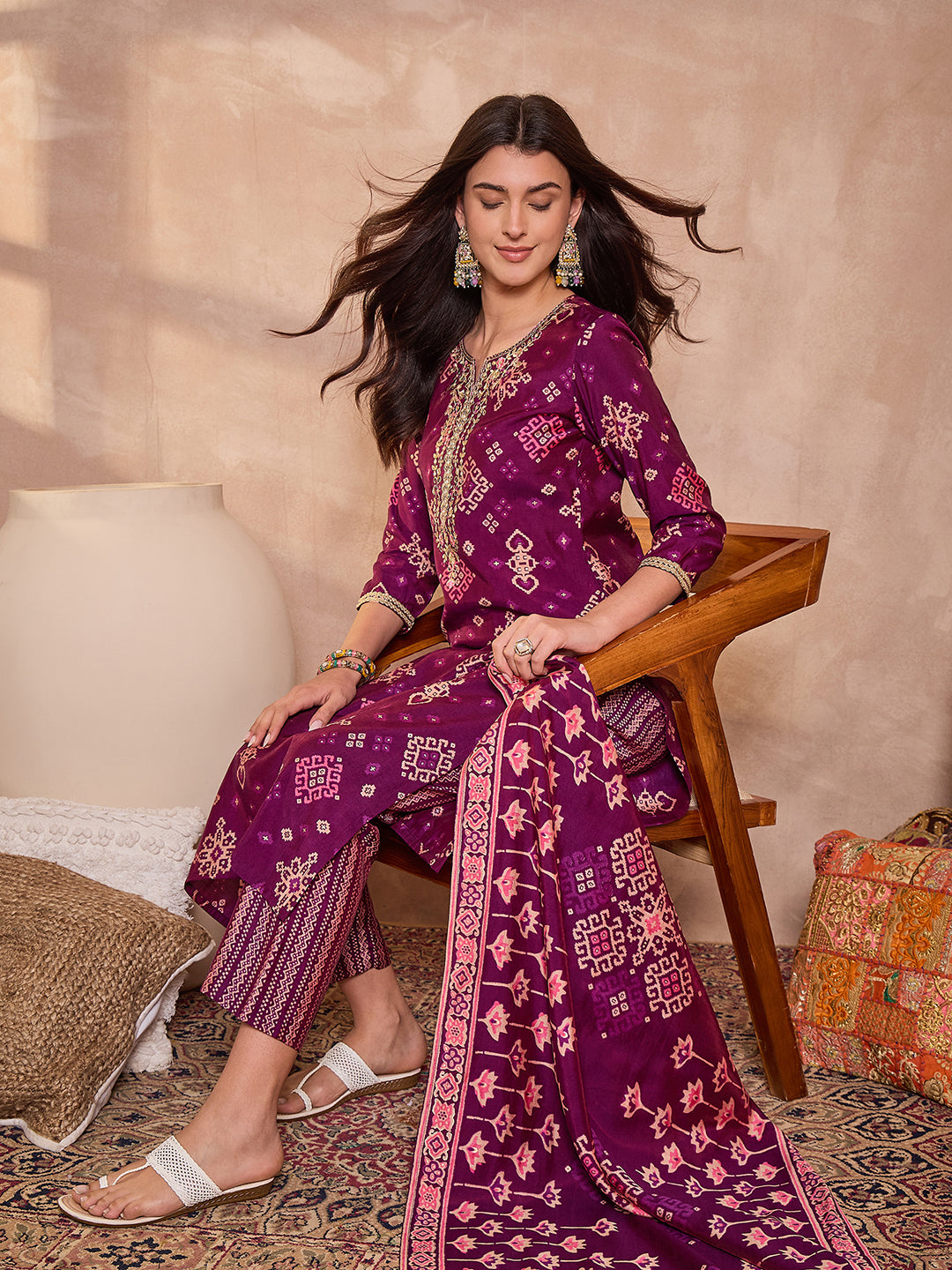 Purple Silk Blend Ethnic Motifs Printed Straight Kurta Trouser With Dupatta