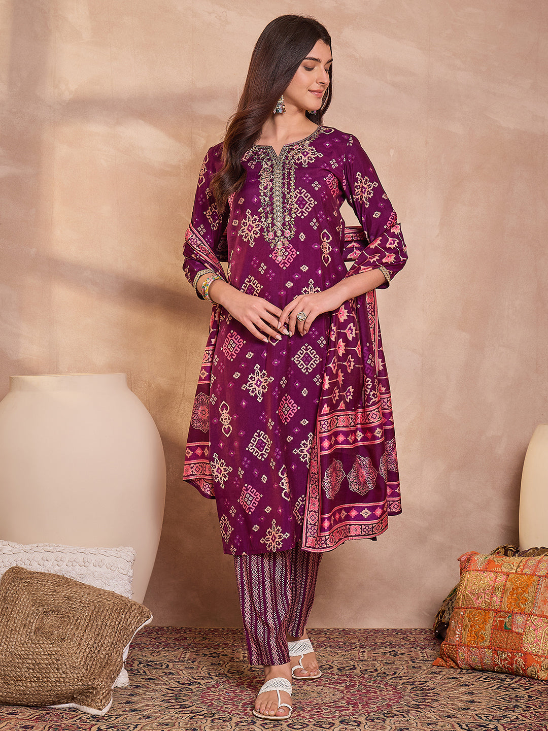 Purple Silk Blend Ethnic Motifs Printed Straight Kurta Trouser With Dupatta