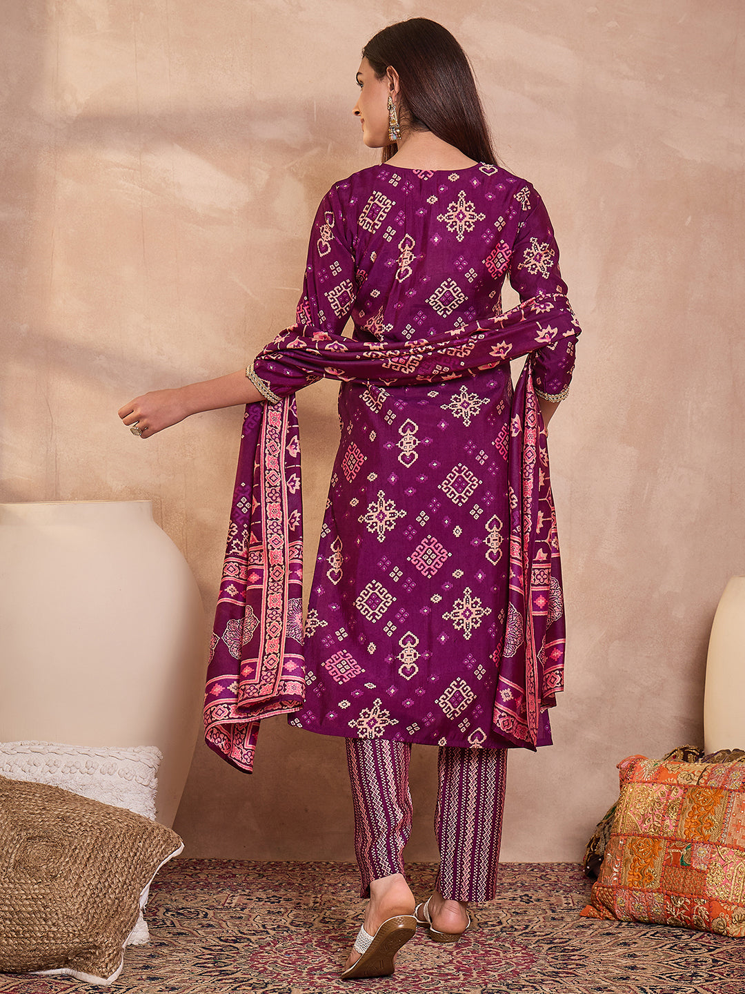Purple Silk Blend Ethnic Motifs Printed Straight Kurta Trouser With Dupatta