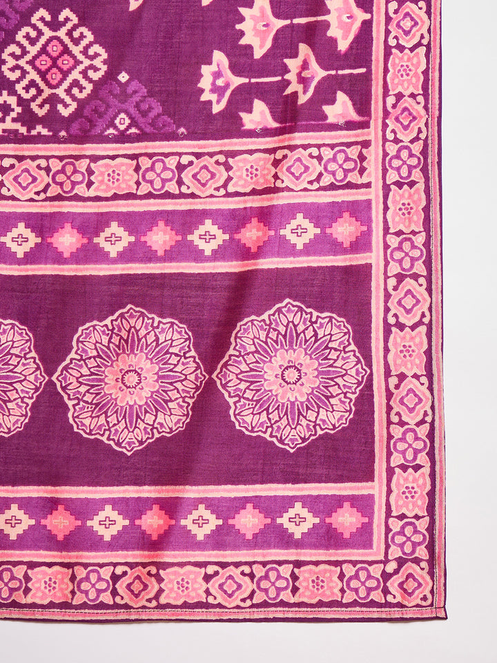 Purple Silk Blend Ethnic Motifs Printed Straight Kurta Trouser With Dupatta