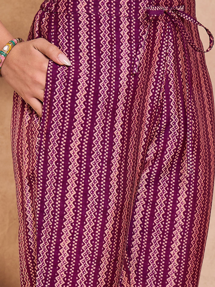 Purple Silk Blend Ethnic Motifs Printed Straight Kurta Trouser With Dupatta