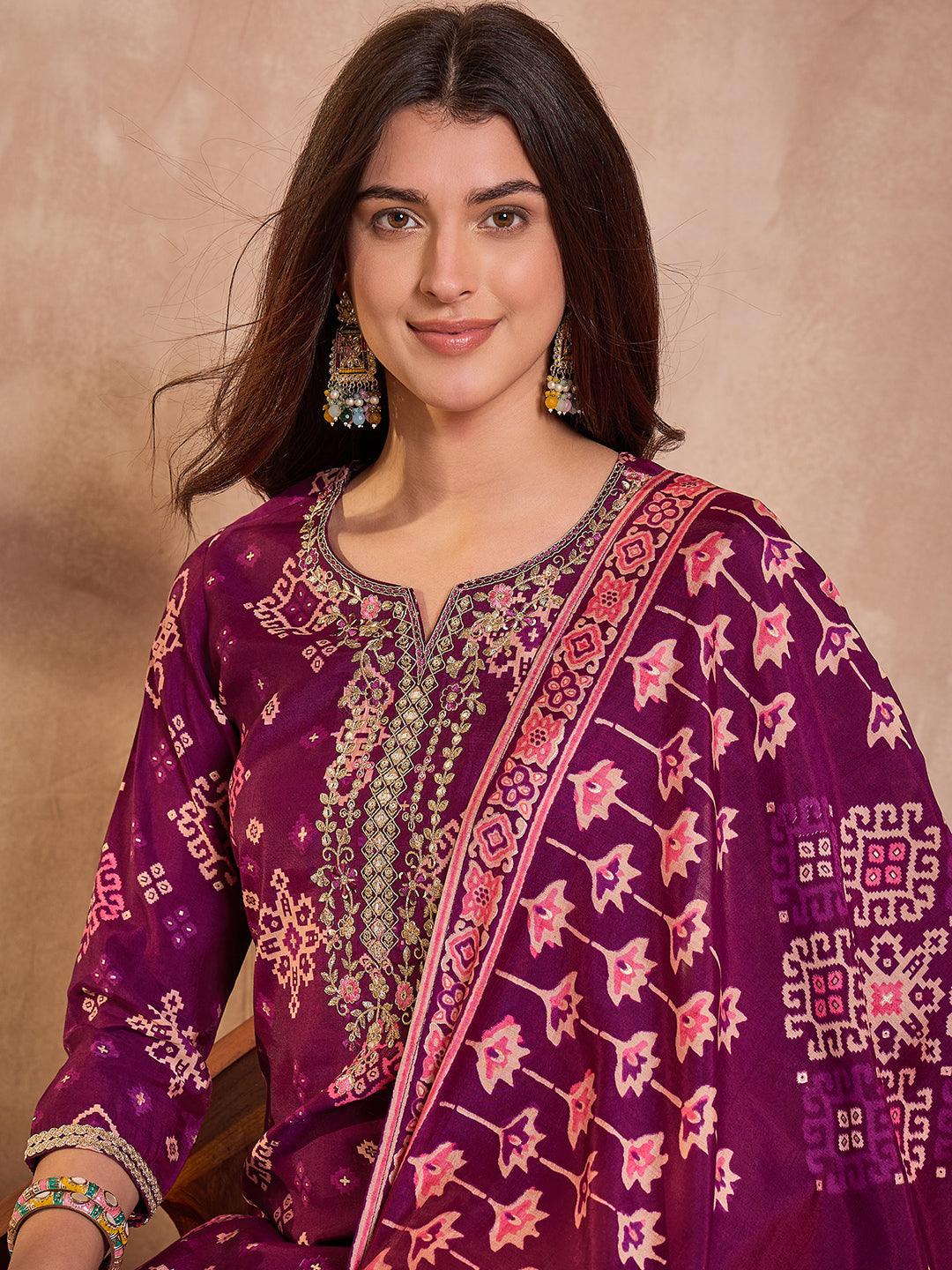 Purple Silk Blend Ethnic Motifs Printed Straight Kurta Trouser With Dupatta