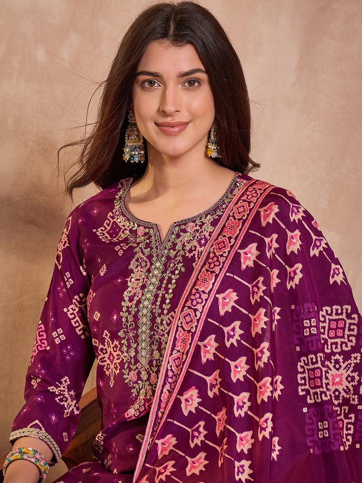 Purple Silk Blend Ethnic Motifs Printed Straight Kurta Trouser With Dupatta
