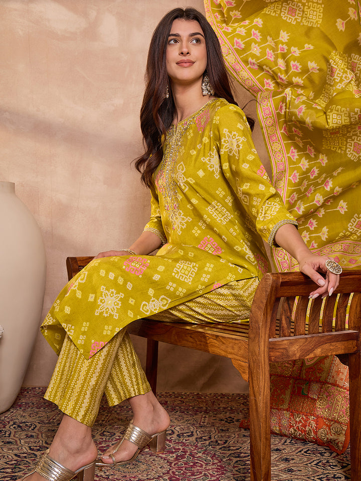 Silk Blend Ethnic Motifs Printed Green Kurta And Trousers With Dupatta