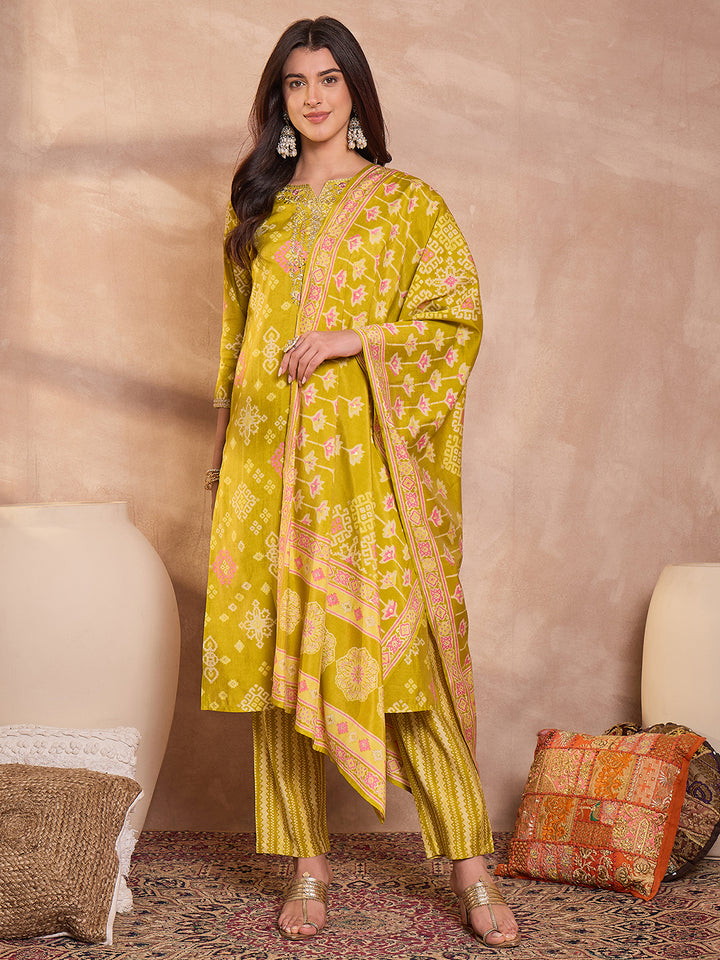 Silk Blend Ethnic Motifs Printed Green Kurta And Trousers With Dupatta