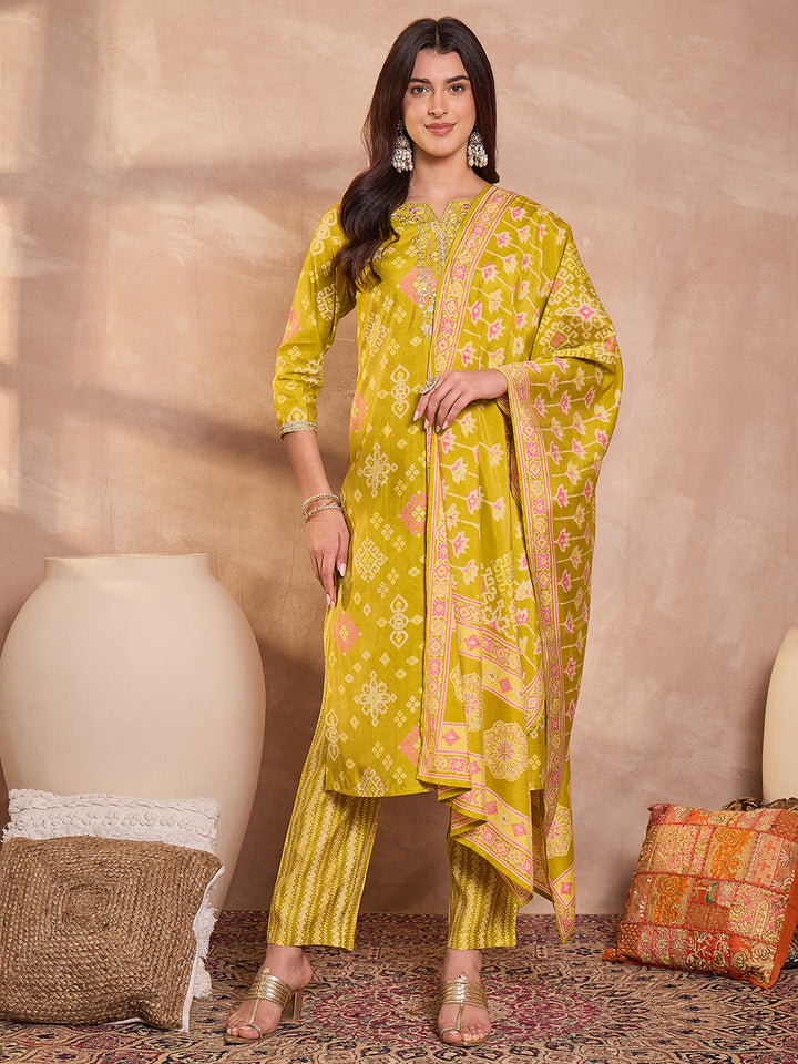 Silk Blend Ethnic Motifs Printed Green Kurta And Trousers With Dupatta