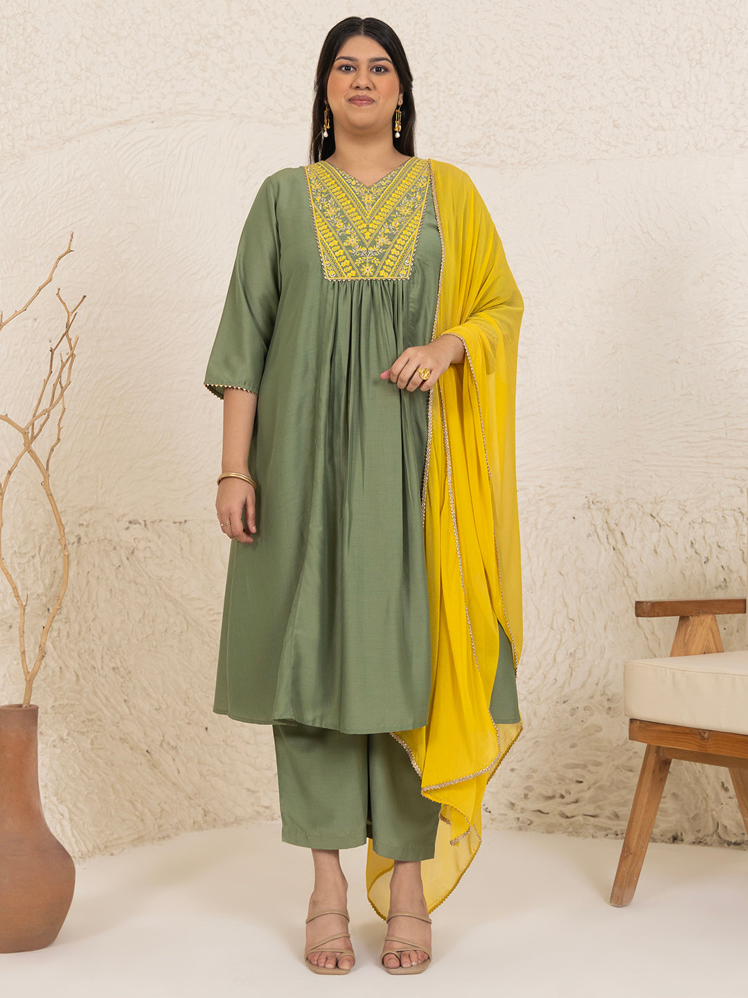 Olive-Chinon-Embroidery-3-Piece-Kurta-Set