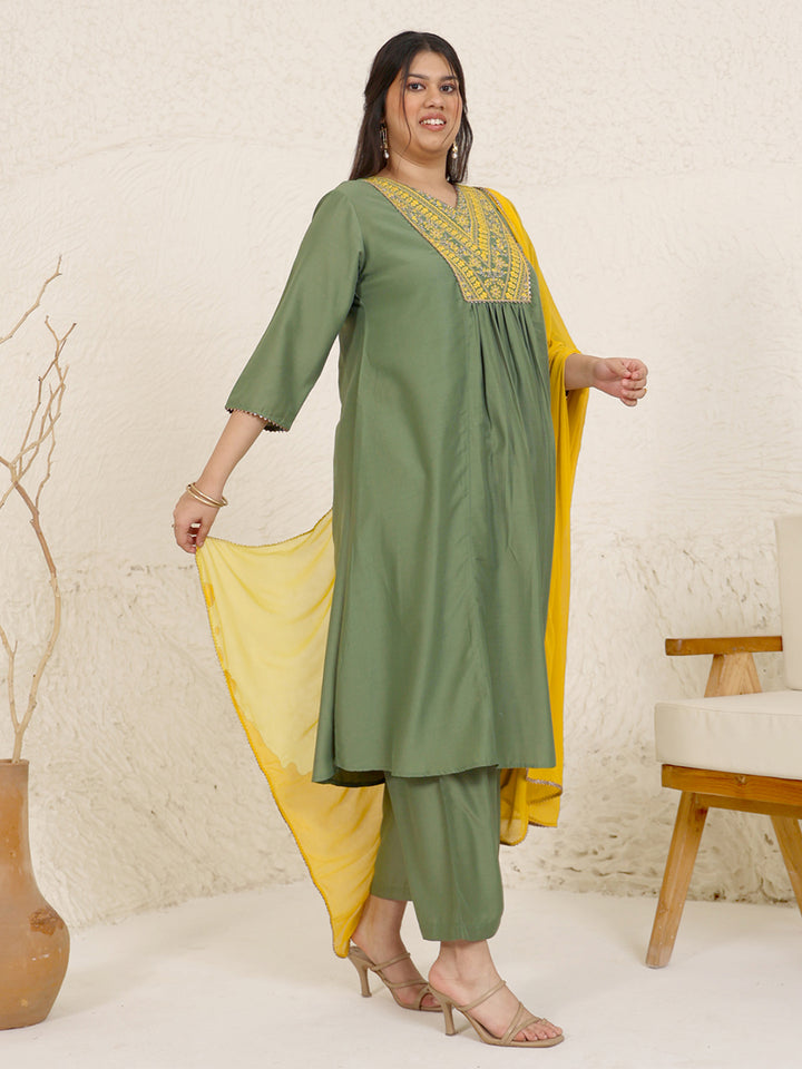 Olive-Chinon-Embroidery-3-Piece-Kurta-Set