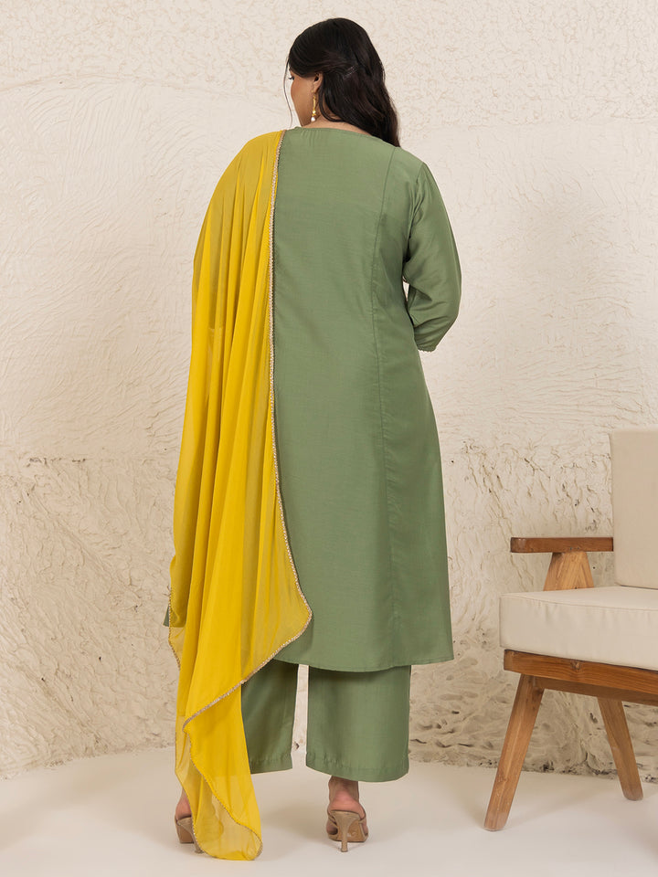 Olive-Chinon-Embroidery-3-Piece-Kurta-Set