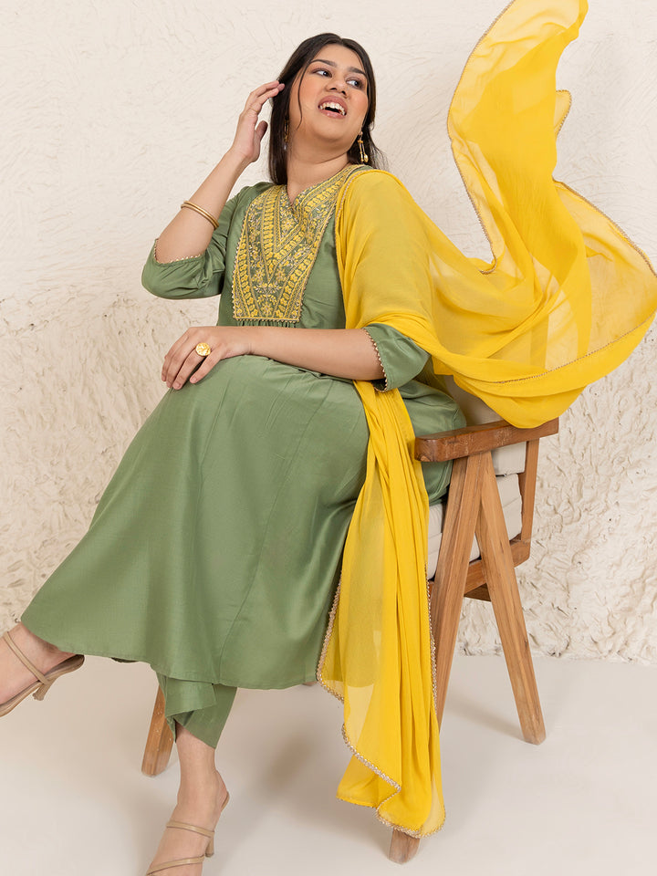 Olive-Chinon-Embroidery-3-Piece-Kurta-Set