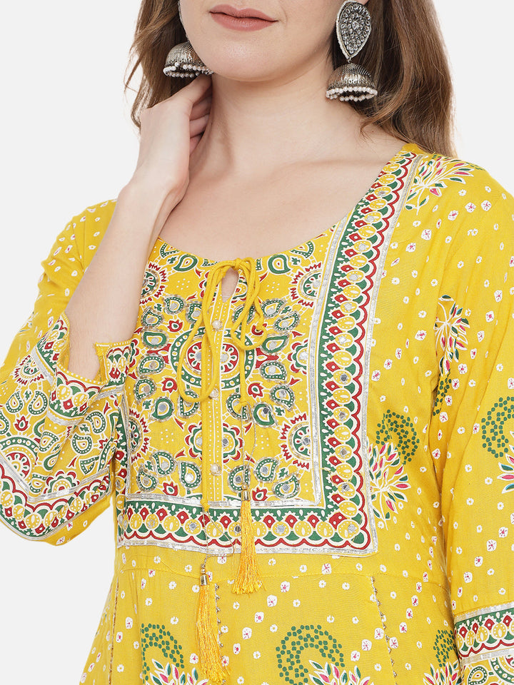 Yellow-&-Green-Rayon-Kalidar-3Pcs-Kurta-Set