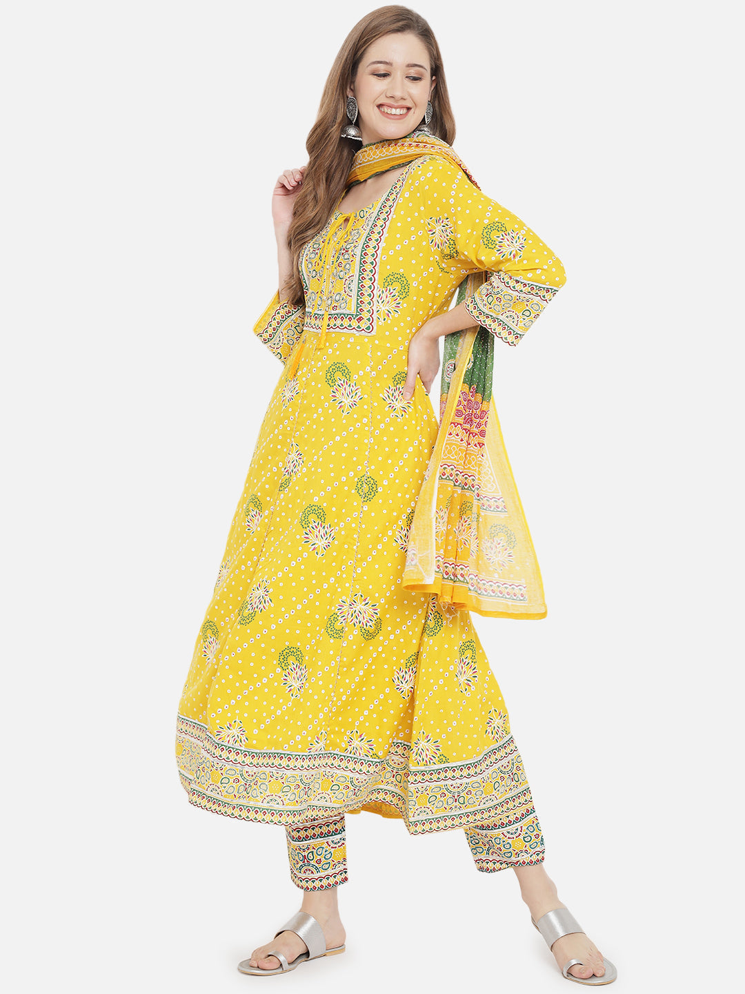 Yellow-&-Green-Rayon-Kalidar-3Pcs-Kurta-Set