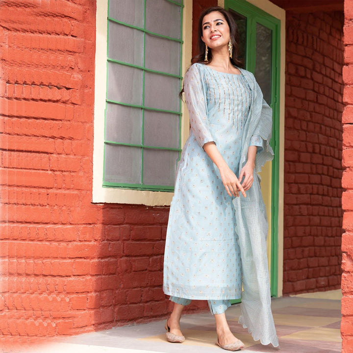 Blue-Chanderi-Printed-3-Piece-Kurta-Set