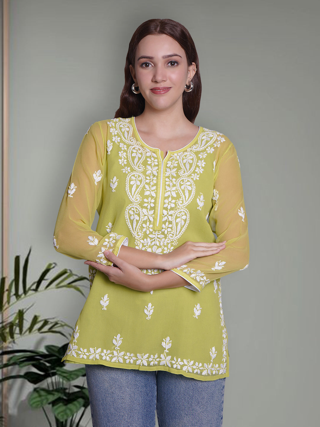 Parrot-Green-Georgette-Chikankari-Short-Tunic-With-Slip