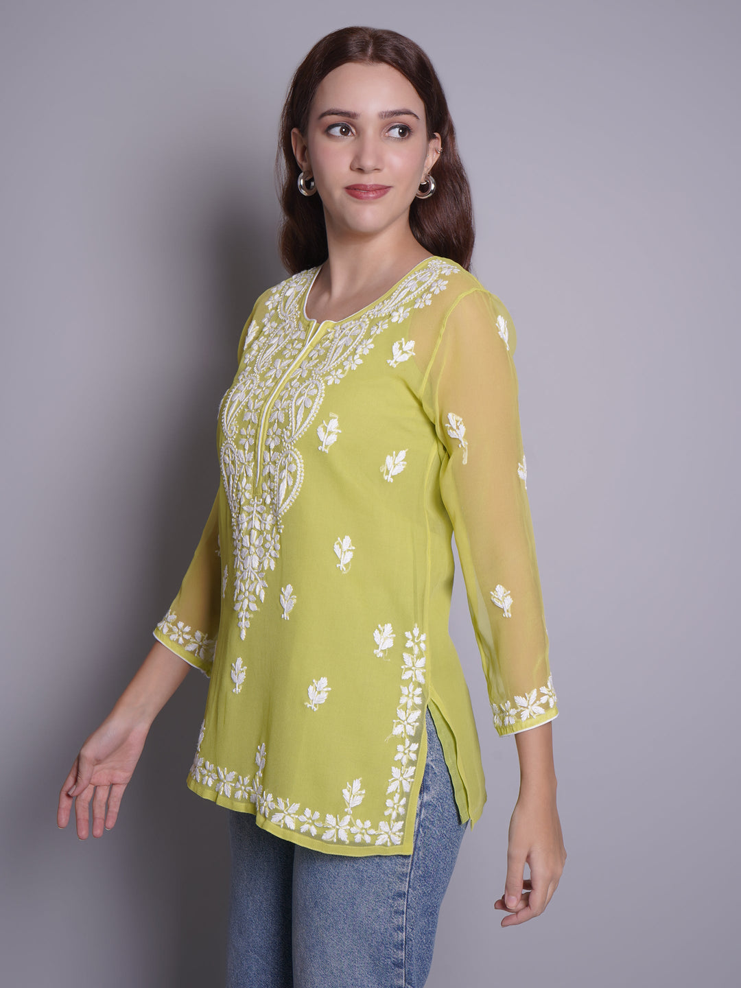 Parrot-Green-Georgette-Chikankari-Short-Tunic-With-Slip