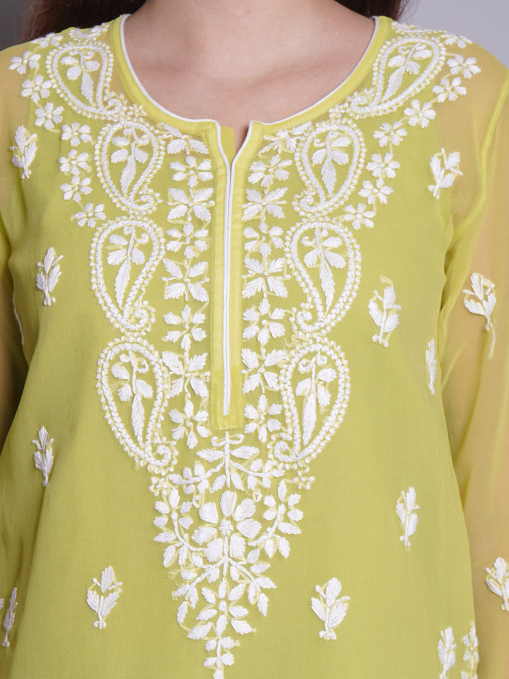 Parrot-Green-Georgette-Chikankari-Short-Tunic-With-Slip