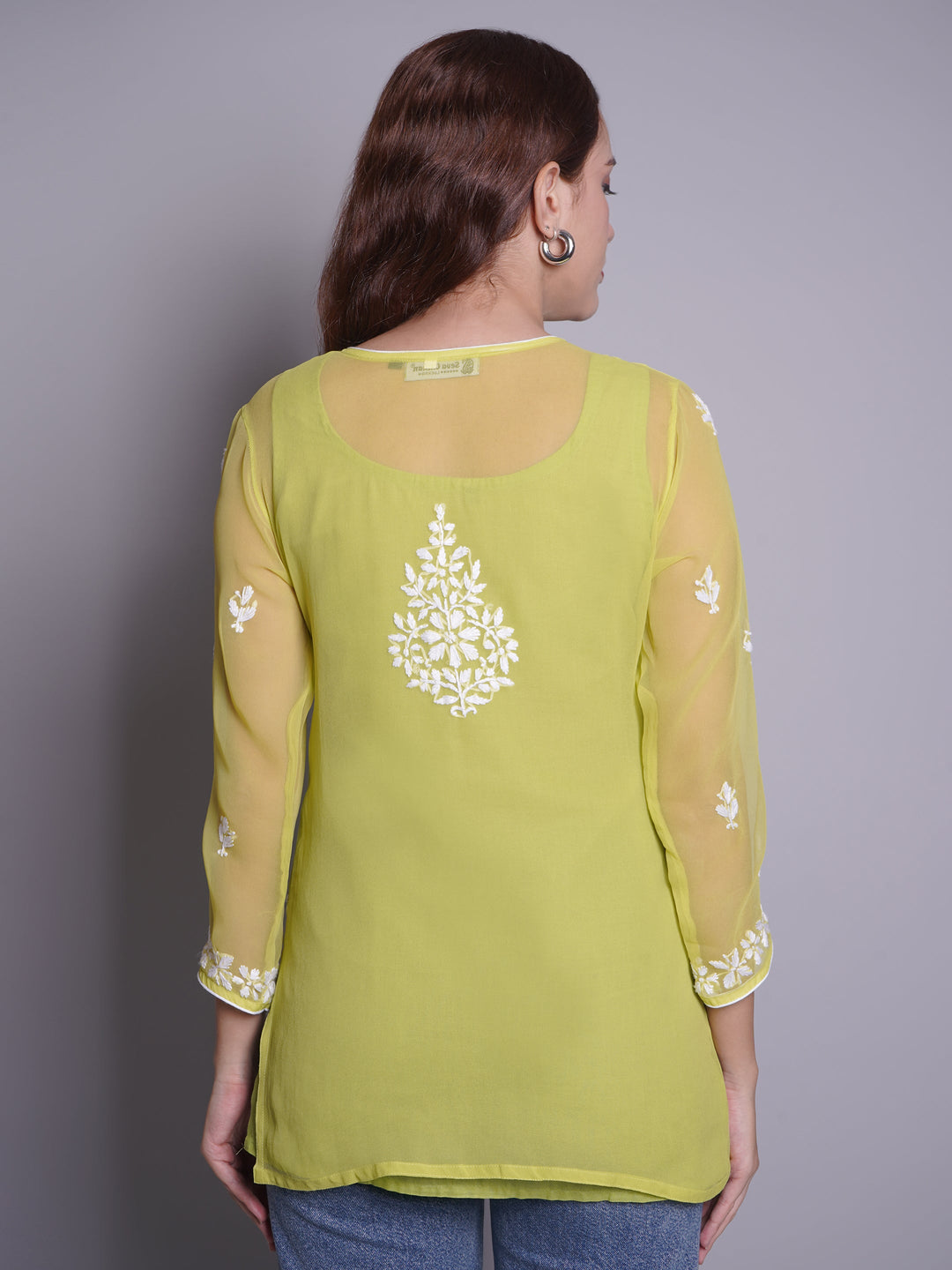 Parrot-Green-Georgette-Chikankari-Short-Tunic-With-Slip