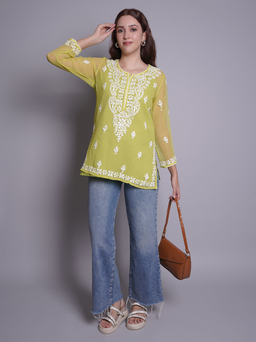 Parrot-Green-Georgette-Chikankari-Short-Tunic-With-Slip