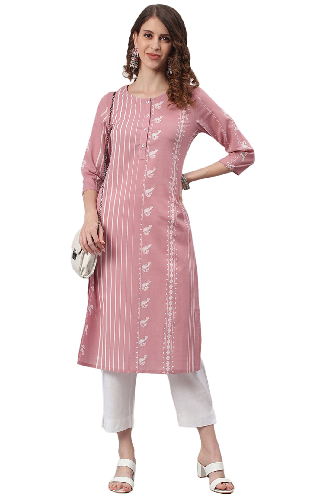 Pastel Pink Cotton Ethnic Motifs Straight Kurta