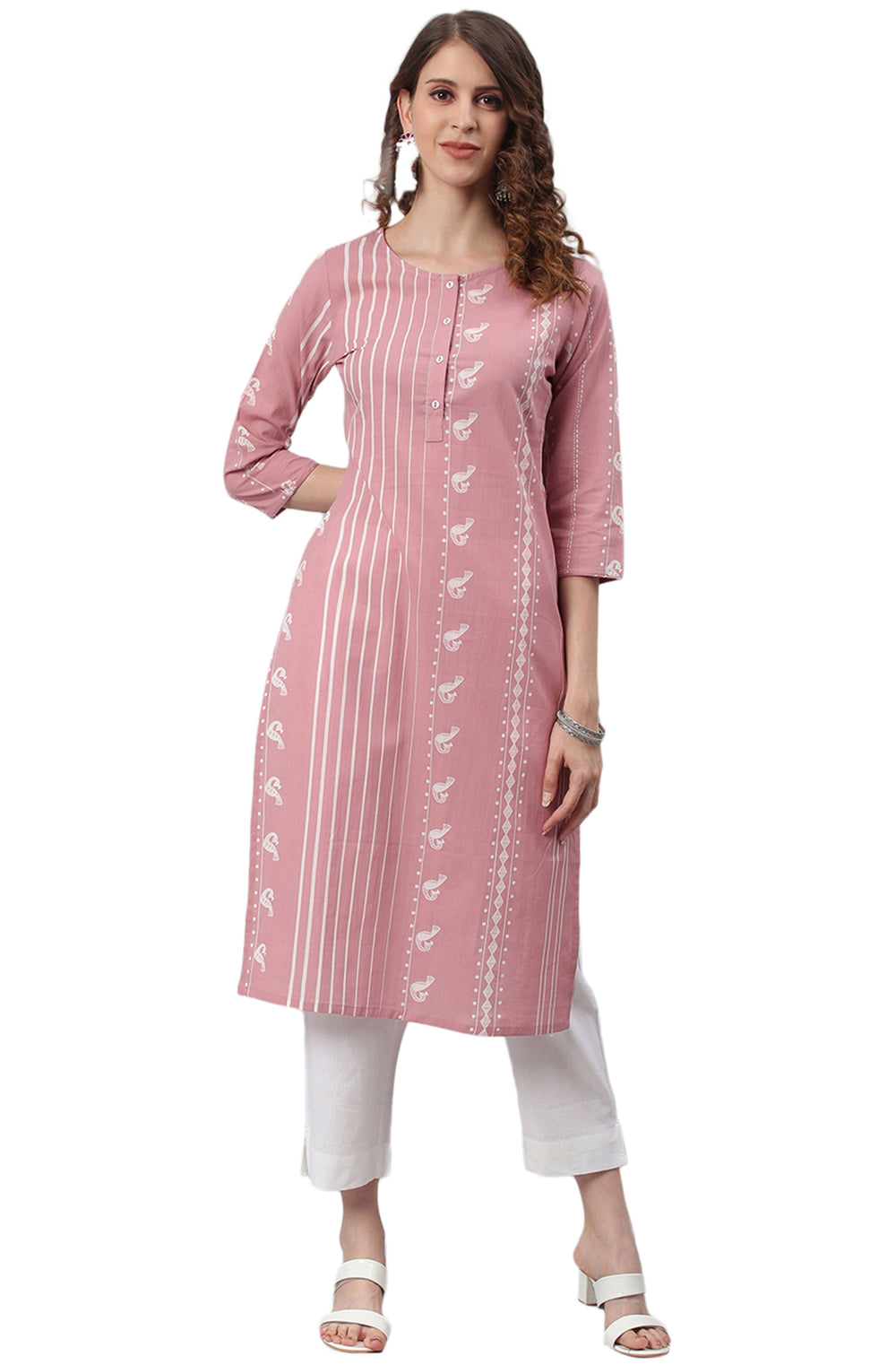 Pastel Pink Cotton Ethnic Motifs Straight Kurta