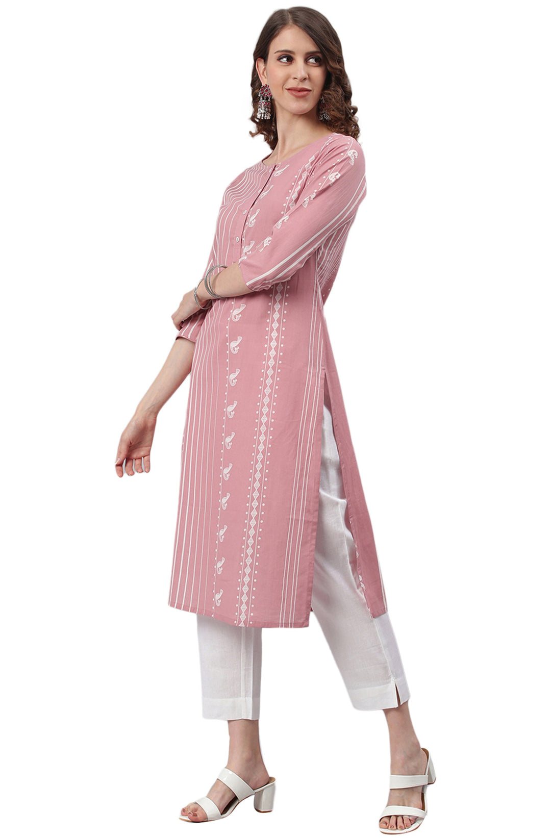 Pastel Pink Cotton Ethnic Motifs Straight Kurta