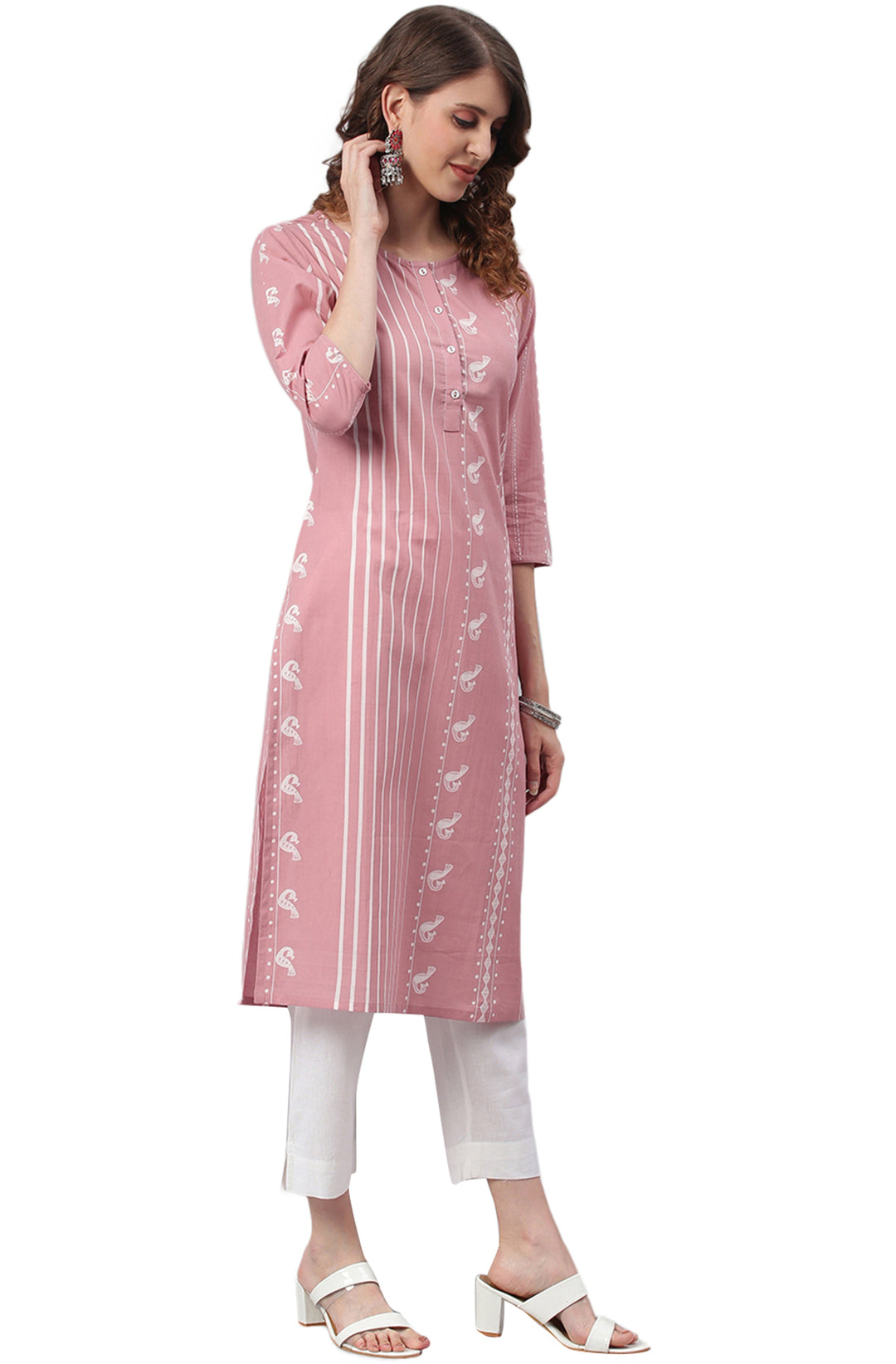 Pastel Pink Cotton Ethnic Motifs Straight Kurta