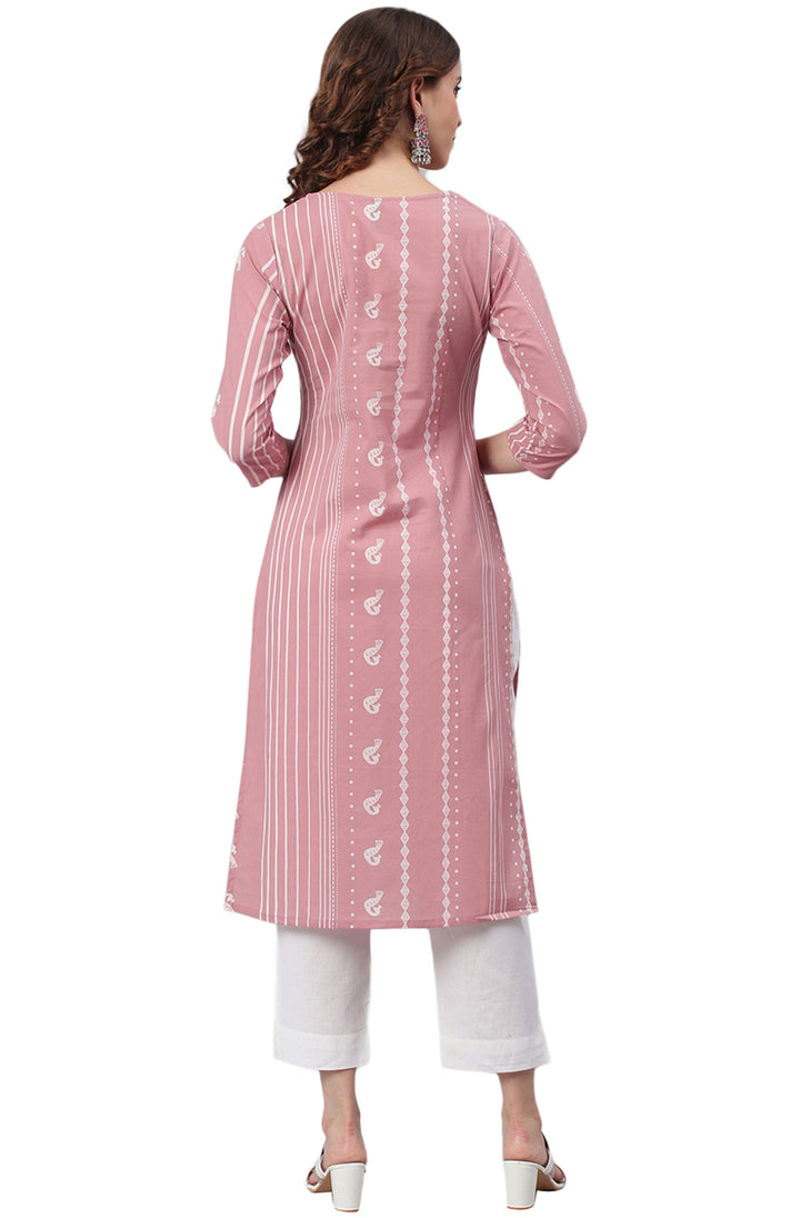 Pastel Pink Cotton Ethnic Motifs Straight Kurta