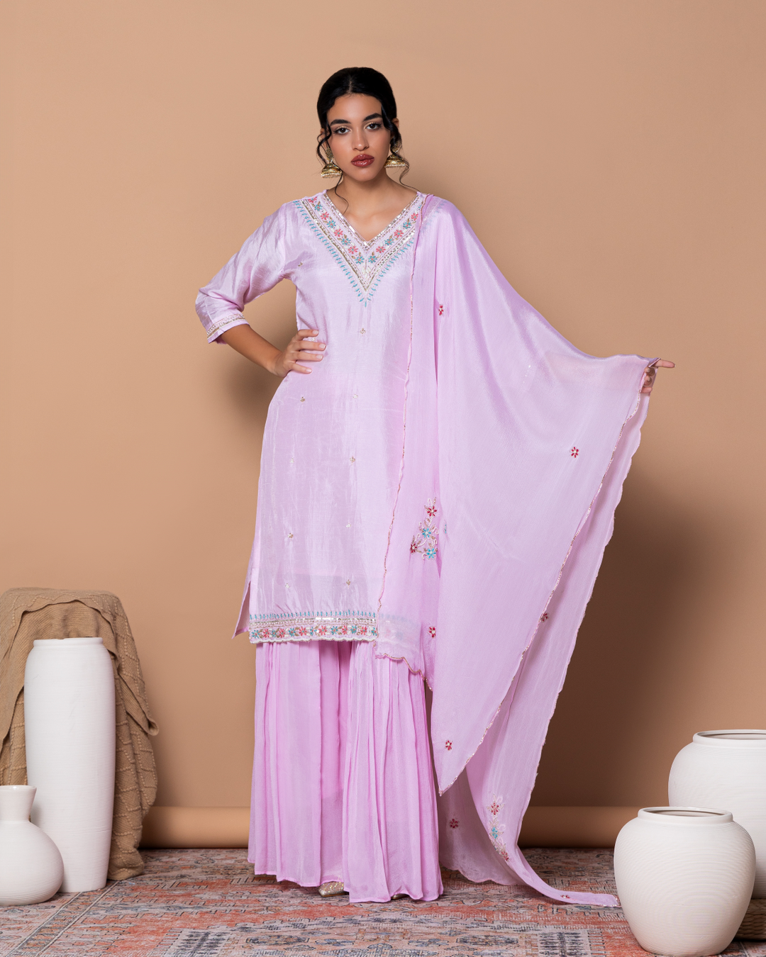 Pastel Pink  Dola & Chiffon Silk Isha Kurta Set 
