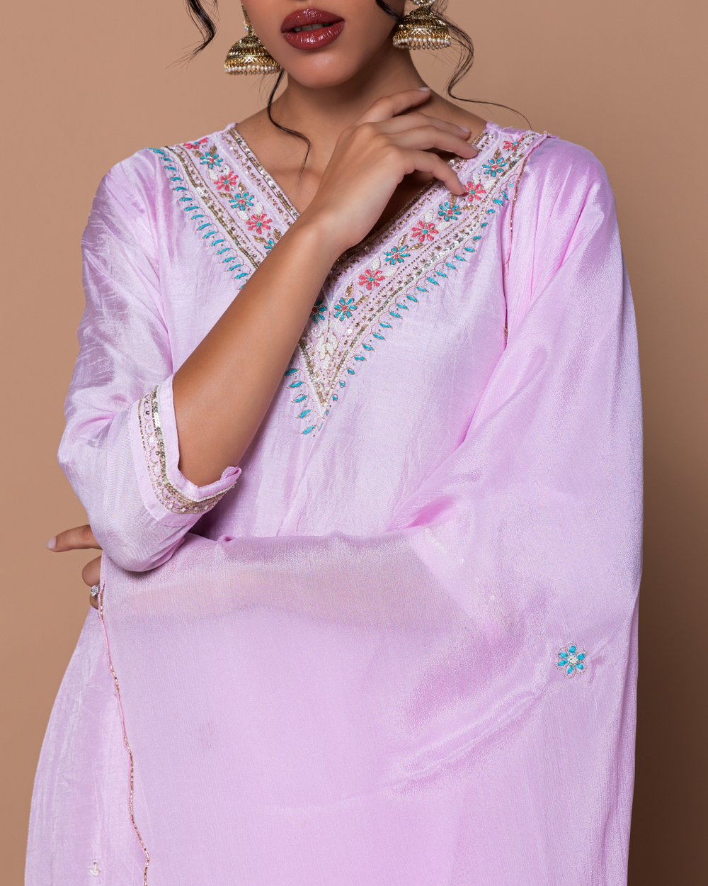 Pastel Pink  Dola & Chiffon Silk Isha Kurta Set 