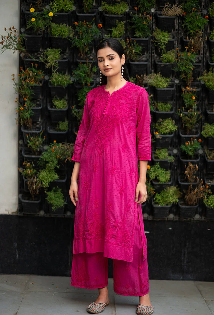 ZERESOUQ-Patola-Pink-Dobby-Cotton-Thread-Work-2-Piece-Kurta-Set