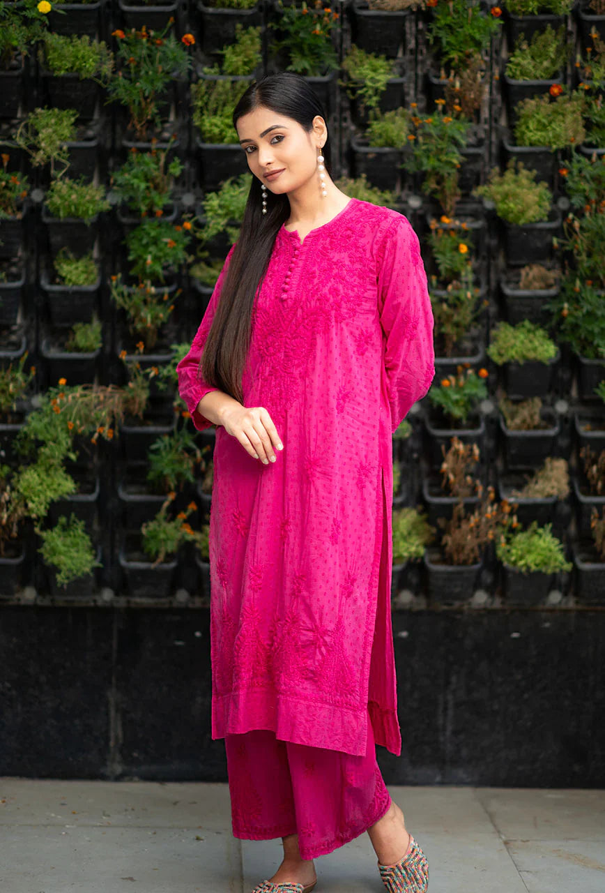 ZERESOUQ-Patola-Pink-Dobby-Cotton-Thread-Work-2-Piece-Kurta-Set