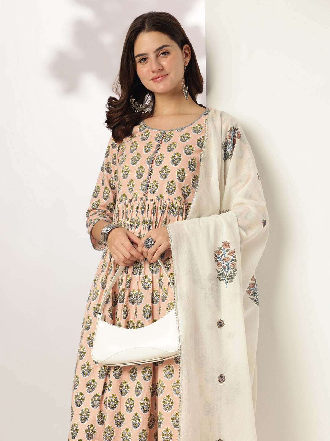 Peach-Cotton-A-Line-Floral-Printed-3-Piece-Kurta-Set