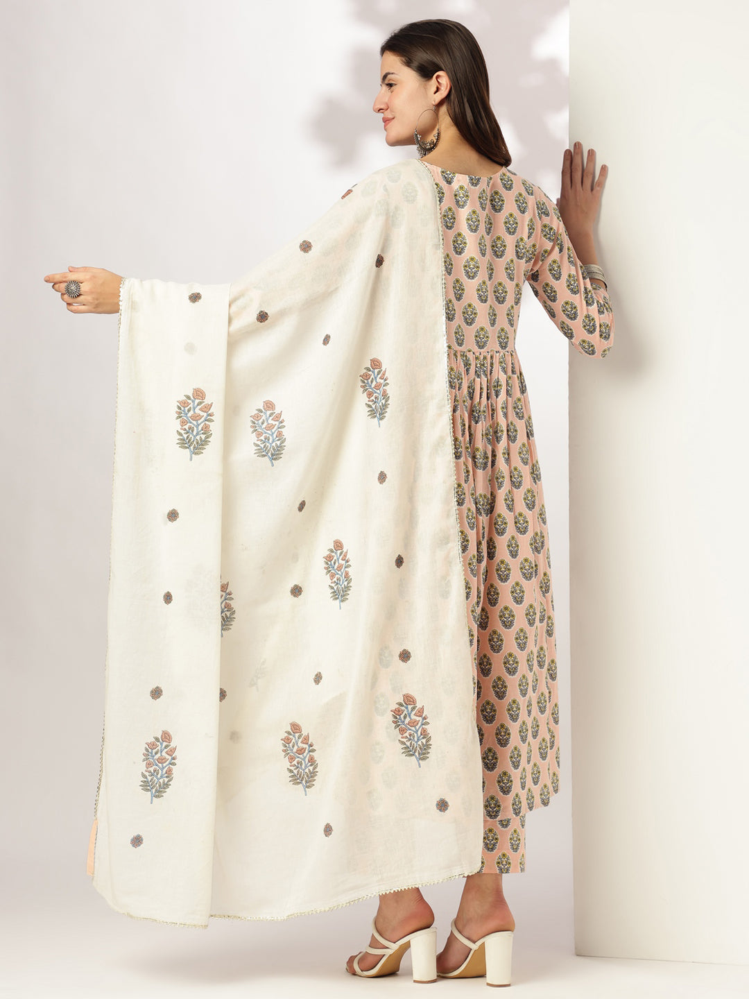 Peach-Cotton-A-Line-Floral-Printed-3-Piece-Kurta-Set
