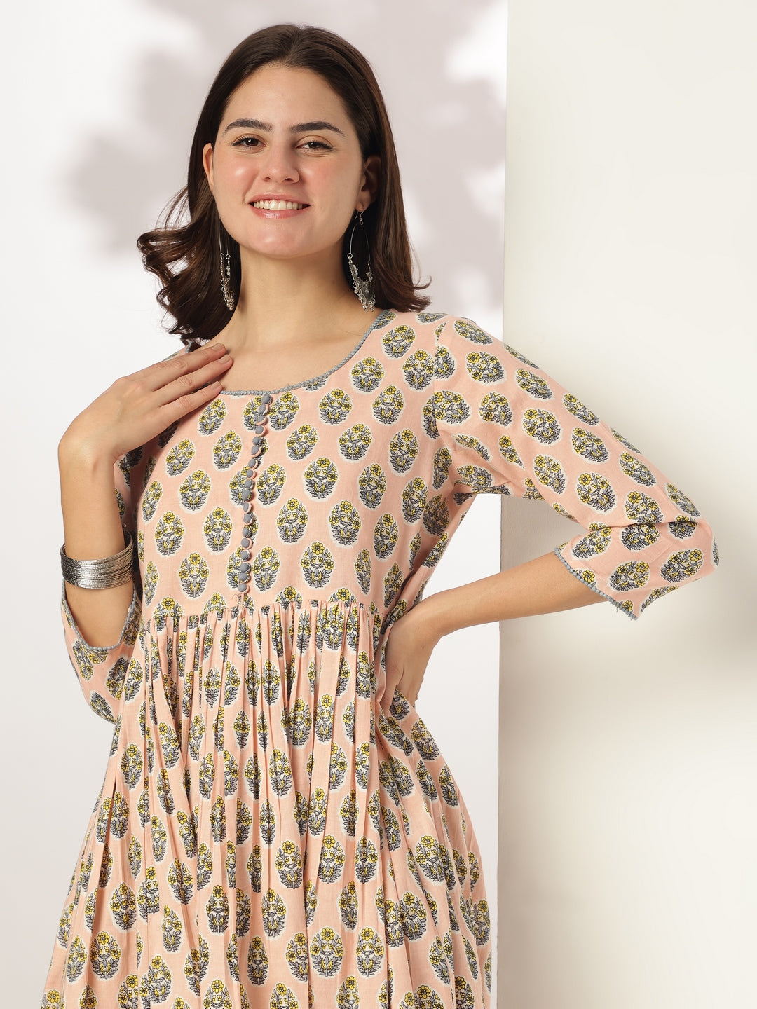 Peach-Cotton-A-Line-Floral-Printed-3-Piece-Kurta-Set