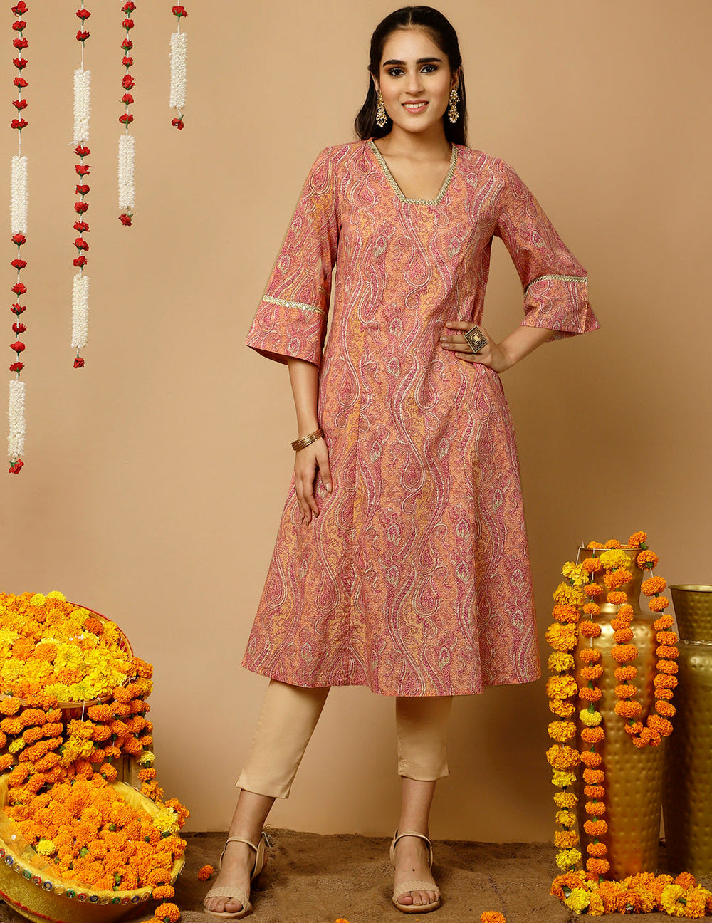 Peach-Cotton-Cambric-Paisley-Print-Pakistani-Kurta