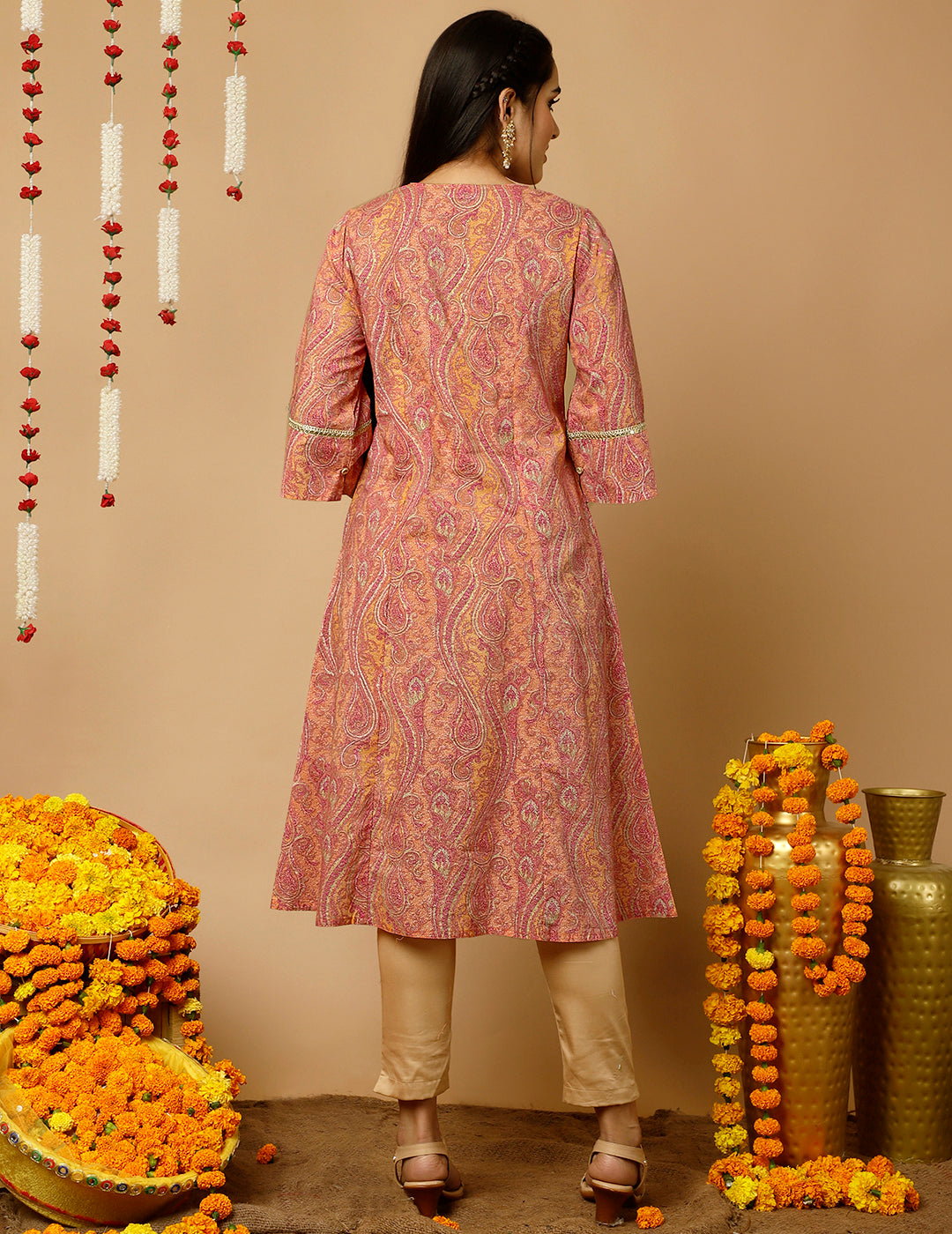Peach-Cotton-Cambric-Paisley-Print-Pakistani-Kurta