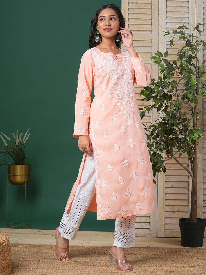 Peach-Cotton-Embroidered-Chikankari-Kurta